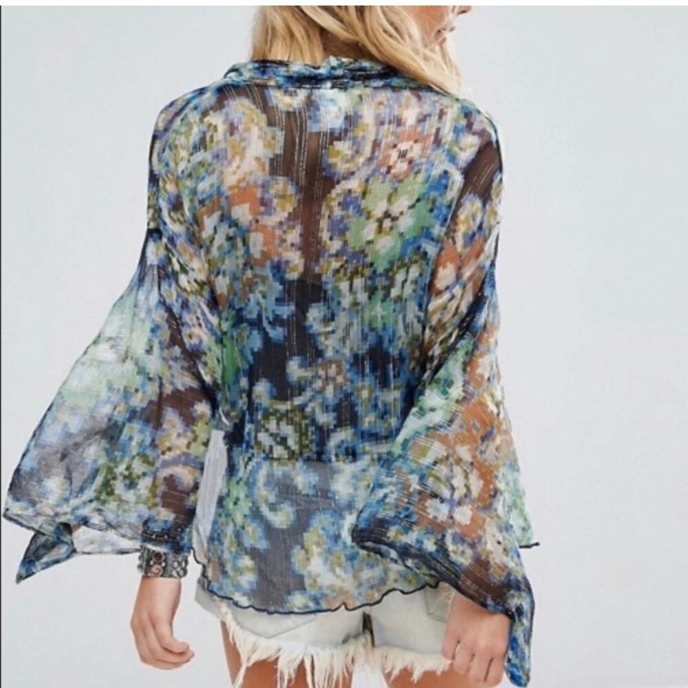 Free People Fleur De Lis blue sheer floral cardigan Kimono style duster sz Small - Picture 3 of 10